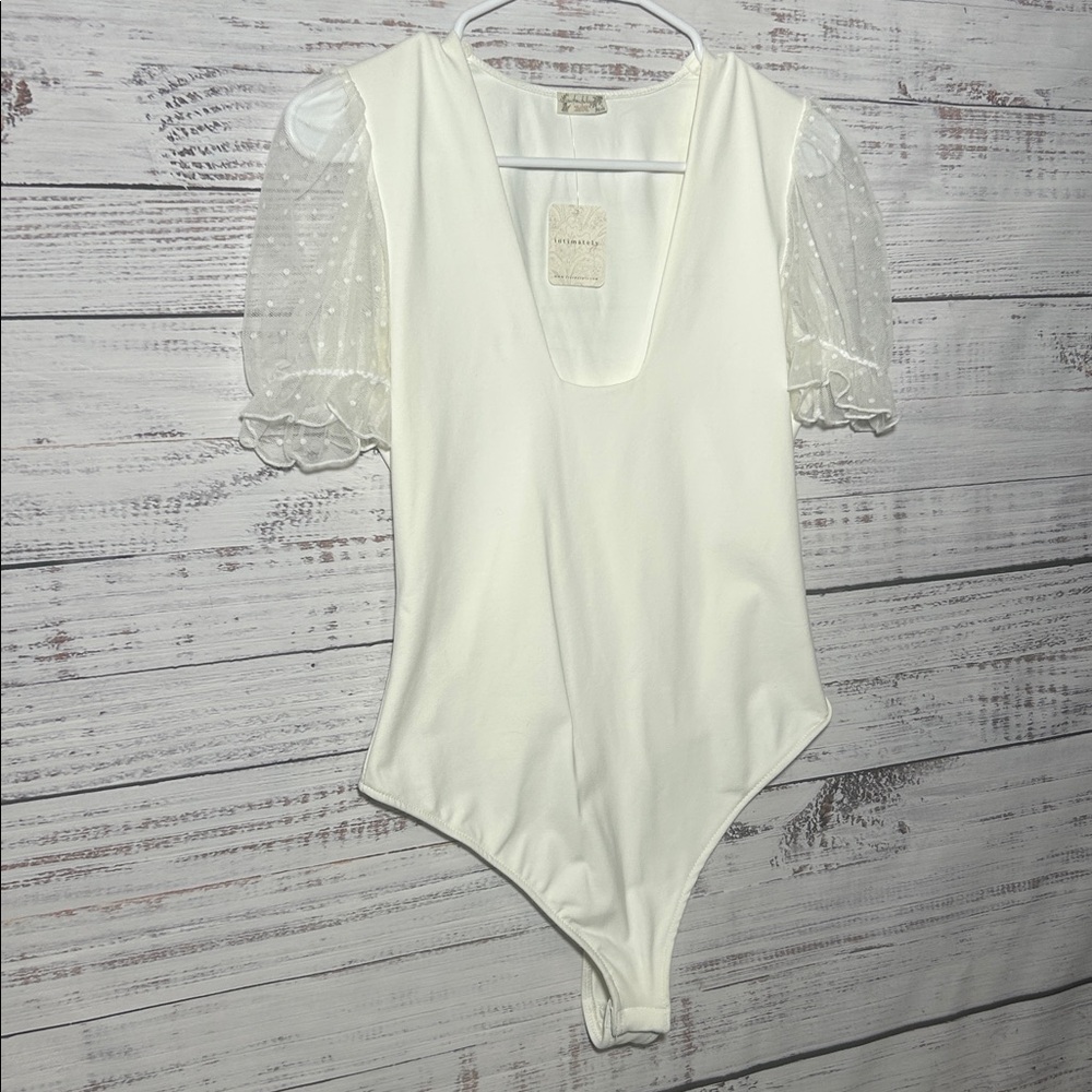 Intimately Free People Bare & Square Bodysuit Sheer Polka Dot Sleeves Ivory NWT - Picture 8 of 16